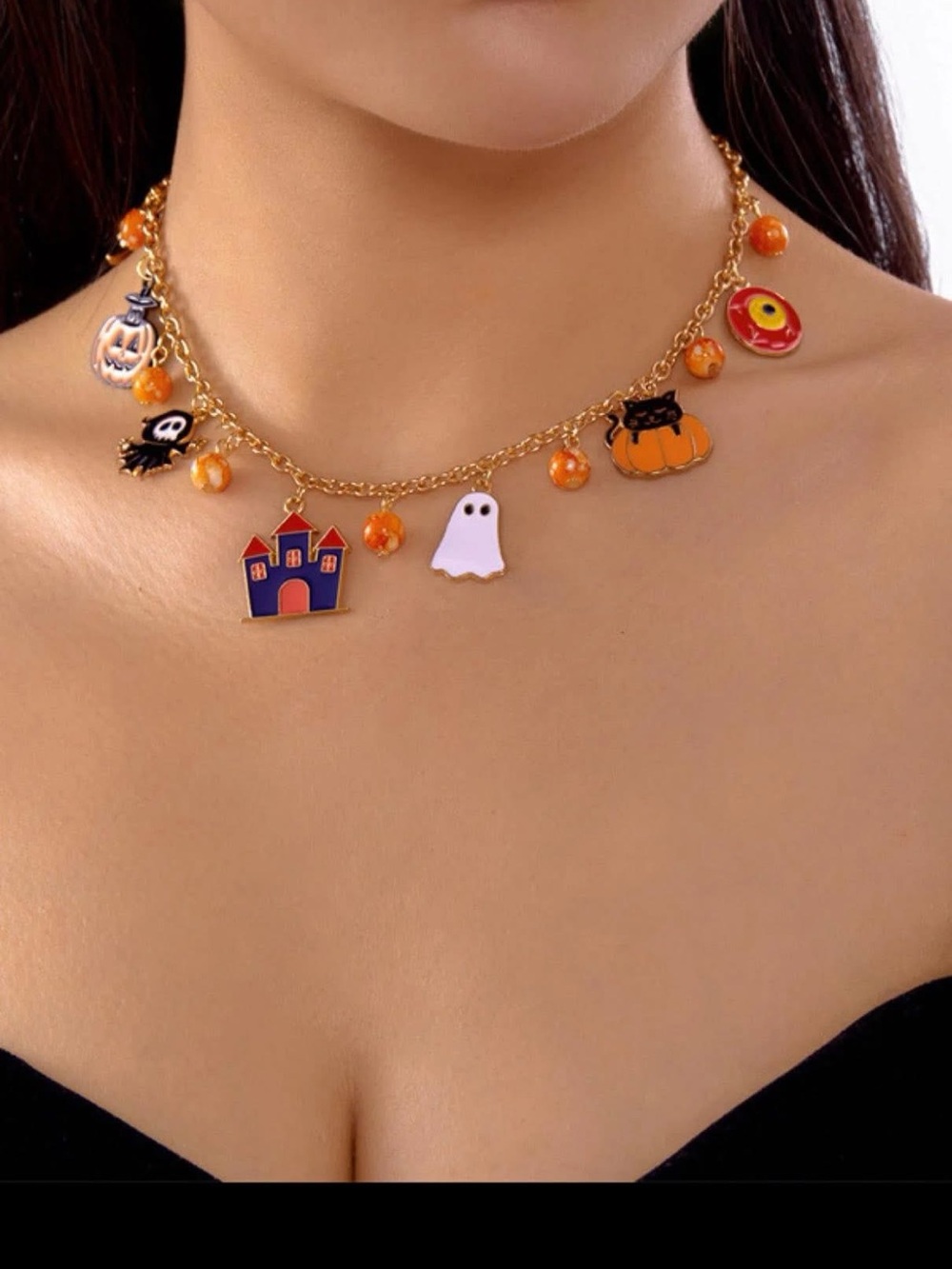 Halloween Charm Necklace & bracelet set - Orange Enamel & Gold Tone